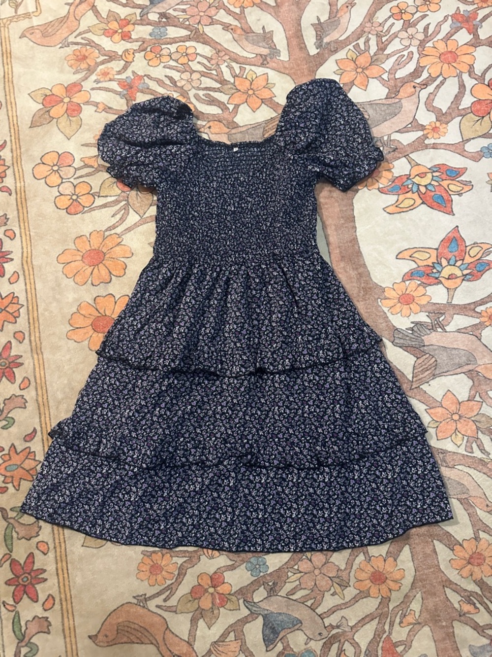 Amazon Navy Floral Puff-Sleeve Tiered Dress